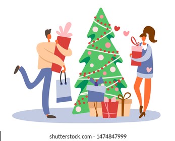 Flat cartoon man with gift box and shopping bag near decorated Christmas tree and standing girl with a present preparing for winter holidays. Isolated vector illustration with hearts.