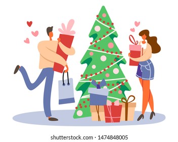 Flat cartoon man with gift box and shopping bag near decorated Christmas tree and standing girl with a present preparing for winter holidays. Isolated vector illustration with hearts.