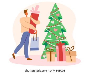 Flat cartoon man with gift box and shopping bag near decorated Christmas tree preparing presents for winter holidays. Isolated vector illustration with hearts.