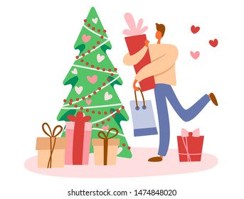 Flat cartoon man with gift box and shopping bag near decorated Christmas tree preparing presents for winter holidays. Isolated vector illustration with hearts.