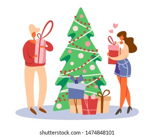 Flat cartoon man with gift box near decorated Christmas tree and standing girl or woman with a present preparing for winter holidays. Isolated vector illustration with hearts.