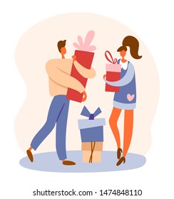 Flat cartoon man with gift box and shopping bag made purchase and standing girl with a present. Isolated vector illustration. For dating or going out, surprise or Saint Valentine's day concepts.