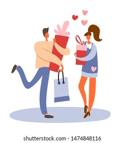 Flat cartoon man with gift box and shopping bag made purchase and standing girl with a present. Isolated vector illustration. For dating or going out, surprise or Saint Valentine's day concepts.