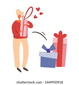 Flat cartoon man with gift boxes. Isolated vector illustration.