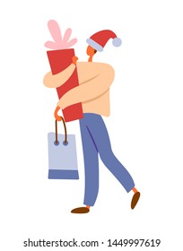 Flat cartoon man in Santa's hat with gift box and shopping bag preparing for winter holidays and Christmas. Isolated vector illustration.