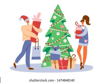 Flat cartoon man in Santa's hat with gift box and shopping bag near decorated Christmas tree and standing girl with a present preparing for winter holidays. Isolated vector illustration with hearts.