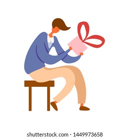 Flat cartoon man sitting on a stool and holding gift box. Vector illustration .