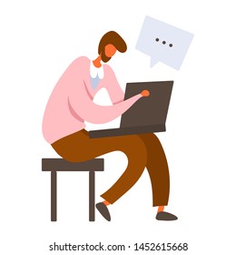 Flat cartoon man sitting on a stool and holding a laptop.