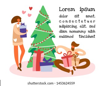 Flat cartoon man sitting on a floor near Christmas tree and opening gift box with bow and standing girl with a present preparing for winter holidays. Vector illustration, beige colors and text.
