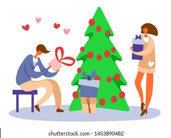 Flat cartoon man sitting on a stool near decorated Christmas tree and holding gift box with bow and standing girl with a present preparing for winter holidays. Vector illustration.