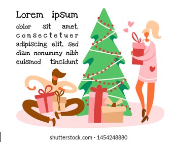 Flat cartoon man sitting on a floor near Christmas tree and opening gift box with bow and standing girl with a present preparing for winter holidays. Vector illustration, lorem ipsum text.