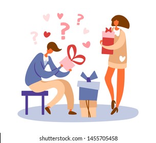 Flat cartoon man sitting on a stool and wondering about gift box and standing girl with a present. Isolated vector illustration. For holidays or celebrations or Saint Valentine's day concepts.