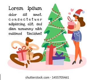 Flat cartoon man sitting on a floor near Christmas tree and opening gift box with bow and standing girl with a present preparing for winter holidays. Vector illustration, lorem ipsum text.