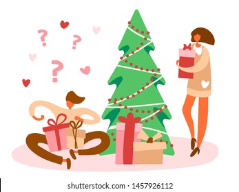 Flat cartoon man sitting on a floor near decorated Christmas tree and opening gift box with bow and standing girl with a present preparing for winter holidays. Vector illustration, beige colors.