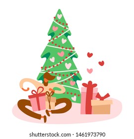 Flat cartoon man sitting on a floor near decorated Christmas tree and holding gift box with bow wondering what is inside. Vector illustration .