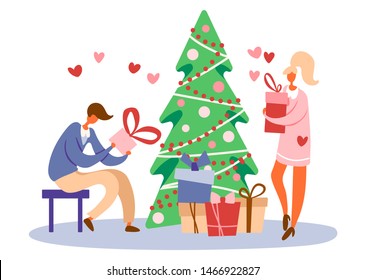 Flat cartoon man sitting on a stool near decorated Christmas tree and holding gift box with bow and standing girl with a present preparing for winter holidays. Vector illustration.
