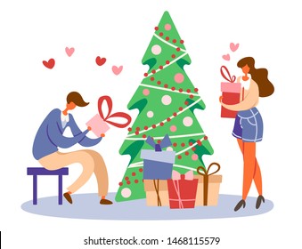 Flat cartoon man sitting on a stool near decorated Christmas tree and holding gift box with bow and standing girl with a present preparing for winter holidays. Vector illustration.