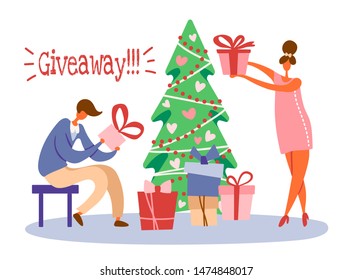 Flat cartoon man sitting on a stool near Christmas tree and holding gift box and standing girl or woman with a present for winter holidays. Vector illustration, "giveaway" text for social networks.