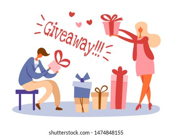 Flat cartoon man sitting on chair and opening gift box with surprise and standing girl with a present. Isolated vector illustration, "Giveaway" text. Applicable for social networks content.