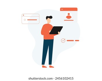 Flat cartoon man using smartphone. Vector illustration.