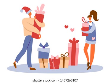 Flat cartoon man walking in Santa's hat and holding gift box and standing girl handing a present. Isolated vector illustration. Applicable for celebrations and Christmas or surprise giveaway concepts.