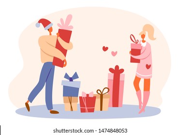 Flat cartoon man walking in Santa's hat and holding gift box and standing girl handing a present. Isolated vector illustration. Applicable for celebrations and Christmas or surprise giveaway concepts.