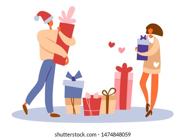 Flat cartoon man walking in Santa's hat and holding gift box and standing girl handing a present. Isolated vector illustration. Applicable for celebrations and Christmas or surprise giveaway concepts.