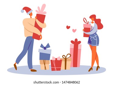 Flat cartoon man walking in Santa's hat and holding gift box and standing girl handing a present. Isolated vector illustration. Applicable for celebrations and Christmas or surprise giveaway concepts.