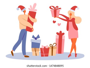 Flat cartoon man walking in Santa's hat and holding gift box and standing girl handing a present. Isolated vector illustration. Applicable for celebrations and Christmas or surprise giveaway concepts.