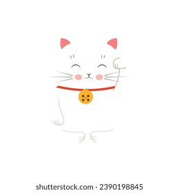 Flat cartoon Maneki-neko. Banner design with symbols of Japanese folklore. Asian culture, happy white cat smiling.