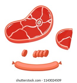 Flat cartoon meat products set, vector illustration isolated on white background, beef, butcher, sausage 