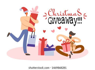 Flat cartoon men as a gay couple with gift boxes preparing presents for winter holidays. Isolated vector illustration with "Christmas giveaway" text for LGBT or LGBTQ romantic celebration concepts.