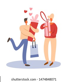 Flat cartoon men as a gay couple sharing gift boxes and making surprises for Saint Valentine's day. Isolated vector illustration for LGBT or LGBTQ romantic concepts.