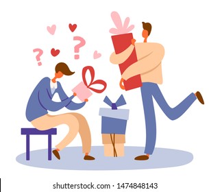 Flat cartoon men as a gay couple sharing gift boxes and making surprises for Saint Valentine's day. Isolated vector illustration for LGBT or LGBTQ romantic concepts.