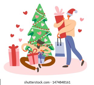 Flat cartoon men as a gay couple with gift boxes near decorated Christmas tree preparing presents for winter holidays. Isolated vector illustration for LGBT or LGBTQ romantic celebration concepts.