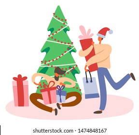 Flat cartoon men as a gay couple with gift boxes near decorated Christmas tree preparing presents for winter holidays. Isolated vector illustration for LGBT or LGBTQ romantic celebration concepts.