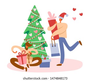 Flat cartoon men as a gay couple with gift boxes near decorated Christmas tree preparing presents for winter holidays. Isolated vector illustration for LGBT or LGBTQ romantic celebration concepts.