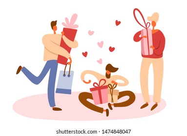 Flat cartoon men sharing gift boxes and making surprises for celebration. Isolated vector illustration for LGBT or LGBTQ romantic concepts.