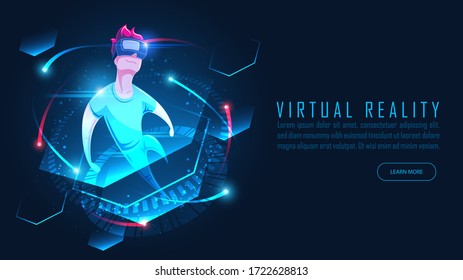 Flat cartoon of Men wearing VR glasses flying through simulation world in futuristic concept. Vector illustration