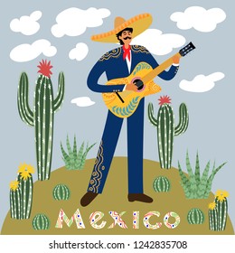 Flat cartoon of a mexican man playing guitar in sombrero against the sky with clouds surrounded by cacti and succulents , hand drawing folk doodles vector illustration