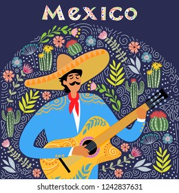Flat cartoon of a mexican man playing guitar in sombrero, hand drawing folk doodles vector illustration