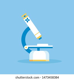 Flat Cartoon Microscope Laboratory Equipment for Research Work on Blue Copy Space. Scientific Education Instrument with Zoom for Performing Chemistry and Biology Experiments. Vector Illustration