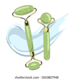 Flat cartoon mint green stone face massage roller and gua che scraper. Essence awaiting massage. Stylish trendy print for packaging.  Isolated on white background