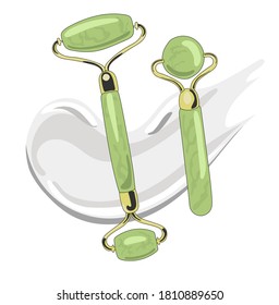 Flat cartoon mint green stone face massage roller and gua che scraper. Essence awaiting massage. Stylish trendy print for packaging.  Isolated on white background