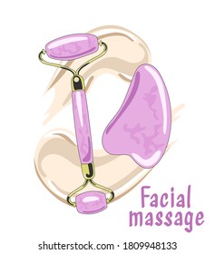 Flat cartoon mint pink stone face massage roller and gua che scraper. Essence awaiting massage. Stylish trendy print for packaging.  Isolated on white background