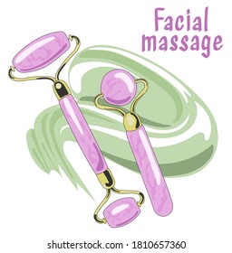 Flat cartoon mint pink stone face massage roller and gua che scraper. Essence awaiting massage. Stylish trendy print for packaging.  Isolated on white background