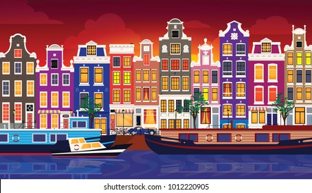 Flat cartoon multicolor colorful historic buildings city town Amsterdam panorama Holland. Vector illustration.