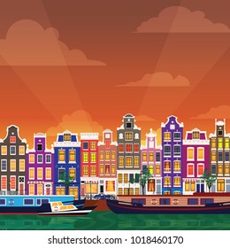 Flat cartoon multicolor colorful historic buildings city town Amsterdam panorama Holland. Vector illustration.
