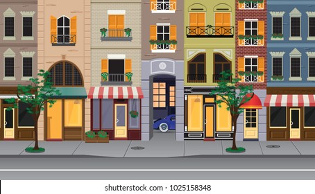 Flat cartoon multicolor colorful historic buildings city town Paris, France. Vector illustration.