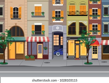 Flat cartoon multicolor colorful historic buildings city town Paris, France. Vector illustration.